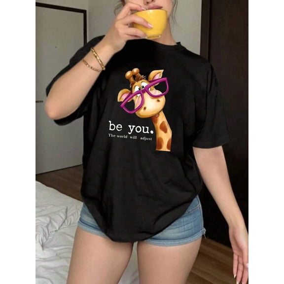 【New Arrival】Women Casual Graphic T-Shirt, Be You Cute Giraffe With Purple Glasses Loose Short Sleeve Crew Neck Tee, Everyday Soft Cotton Blend Fashion Top