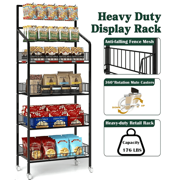IAJXWI Heavy-duty 4 Tier Retail Display Rack, Metal 56.3" Height Storage Shelf, Candy Snack Rolling Display Shelves with 10 hooks