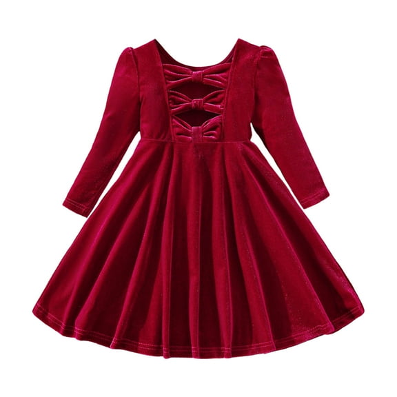 Baby Girl Christmas Dress, Toddler Girls Long Sleeve Dress Bowknot Hollow Out Design Velvet Fabric For Holiday Parties, Fall Dresses(Red,3-4 Years)