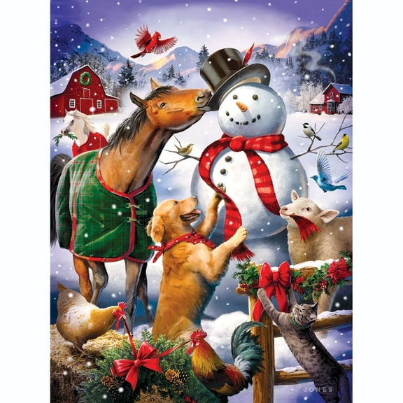 Bits and Pieces Jigsaw Puzzle Christmas Barn Snowman Animal Winter Scene 500 Piece 18" x 24"