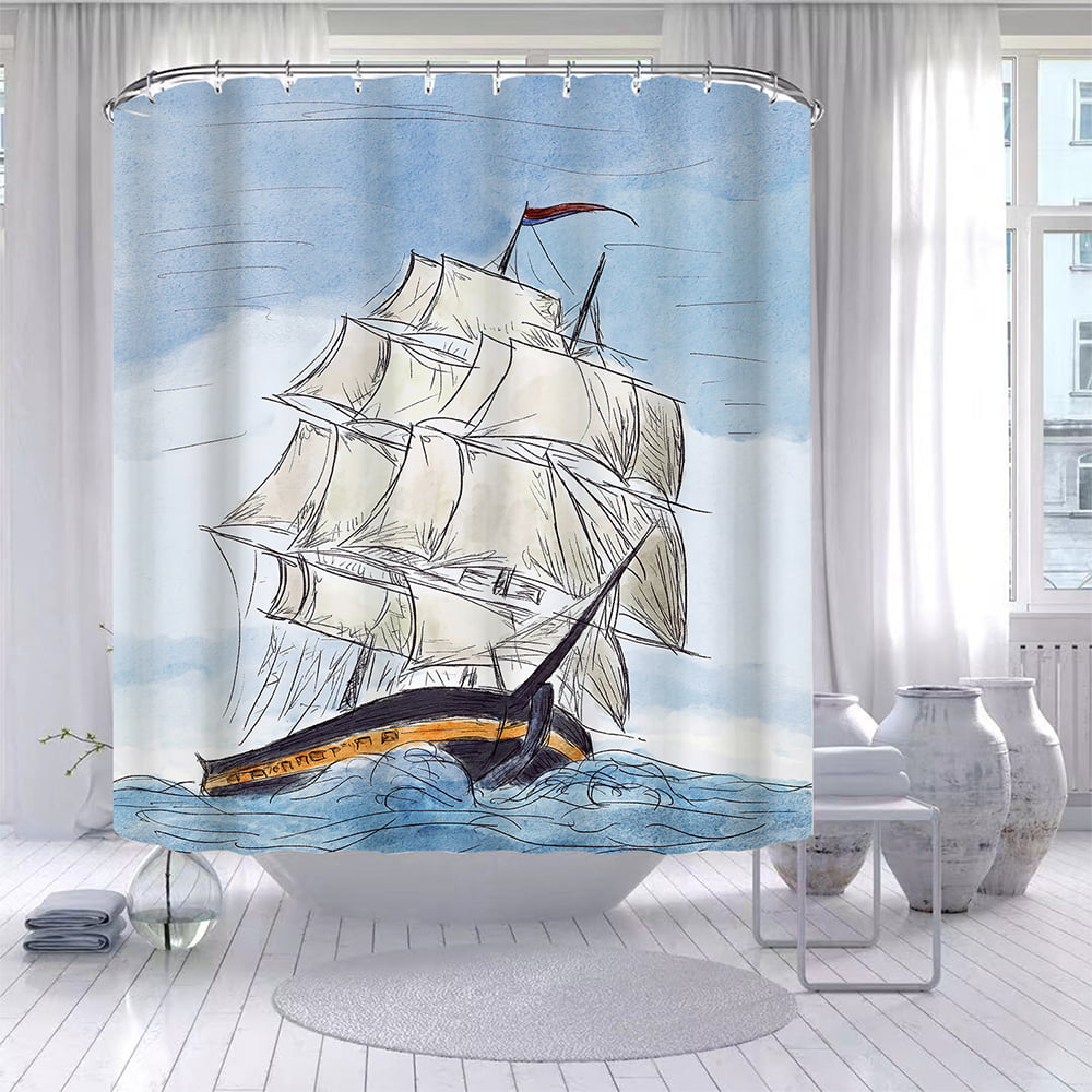 Parrot and Pirate Ship Shower Curtain Bathroom Decor Fabric & 12hooks 71x71in 