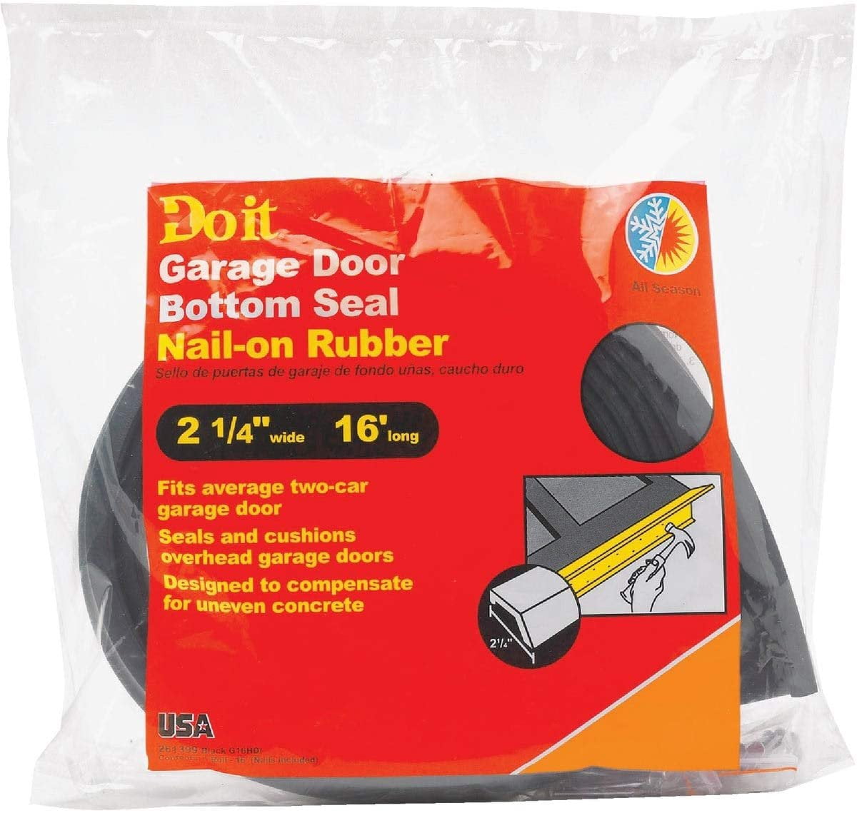 Thermwell Garage Door Weather-Strip - Rubber, Nails Included - 2-1/4" x 16', Black