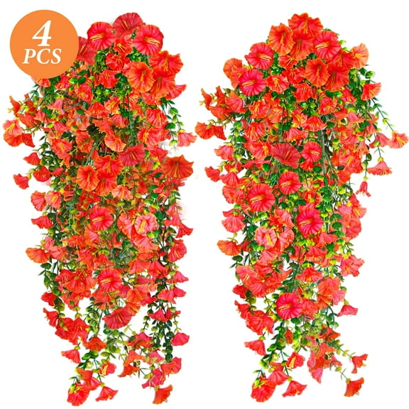 simeccom 4 Pcs Artificial Hanging Plants Flowers Outdoor, 29.5 Inch Fake Hanging Flower Faux Hanging Morning Glory Flowers with UV Resistant Outdoor Decorations for Flower Basket, Planter, Porch,  Ga