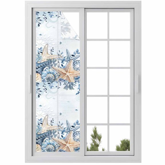 Blue Starfish Coastal Window Privacy Film, Eucalyptus Summer Nautical Shell Static Cling UV Sun Blocking Heat Control Window Tint Day and Night, Non-Adhesive One Way Privacy Cover 17.7''x78.7''