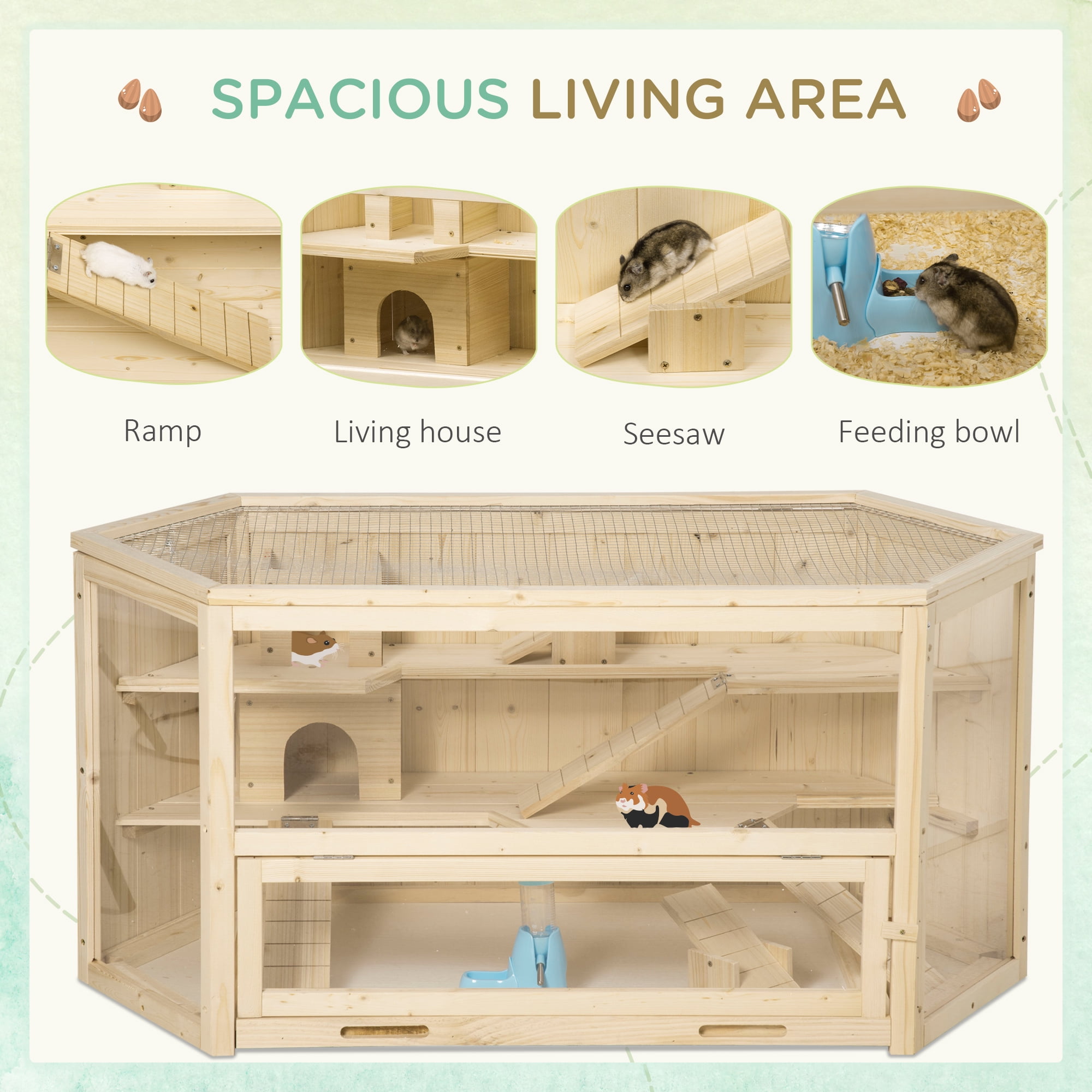 Wooden Large Hamster Cage Small Animal Exercise Play House 3 Tier with Tray, Seesaws, Water Bottle, Activity Center, Natural