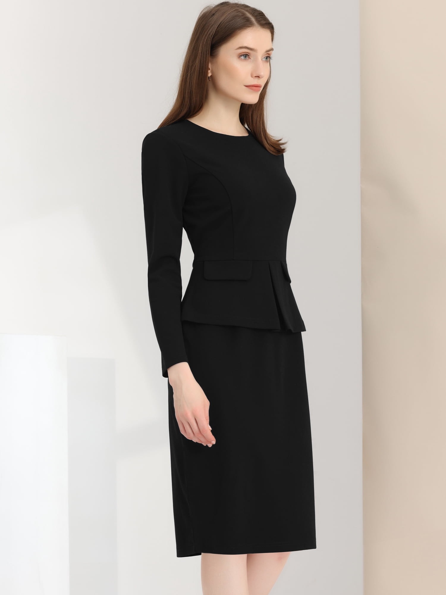 DARING DIVA Bodycon Round Neck 3/4 Sleeve Peplum Wear Sheath Dress L Black