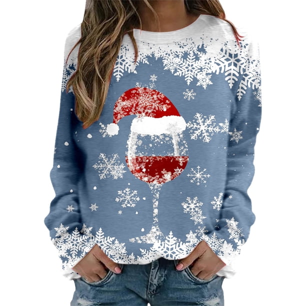 Gibobby Sudadera de Navidad para mujer Suéteres casuales de Navidad para mujeres adolescentes y niñas de manga larga con cuello redondo sudadera de Navidad(Azul,CH)