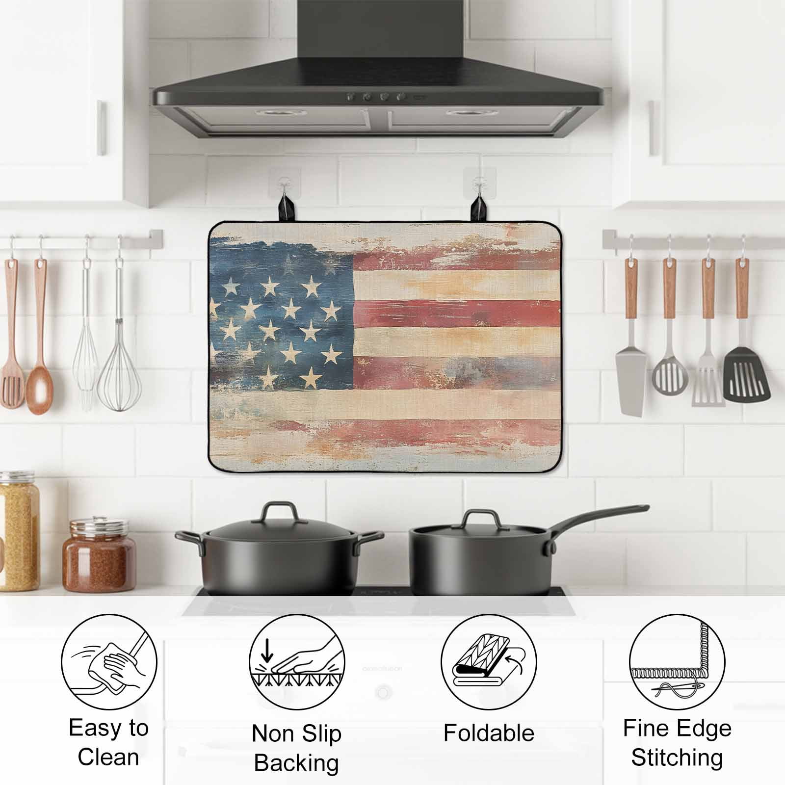 Retro American Flag Stove Top Cover for Electric Stove, Heat-proof & Non Slip Glass Top Stove Cover Protector, Rustic Star and Stripes US Flag Kitchen Flat Cooktop Rubber Mat 24x21 Inches