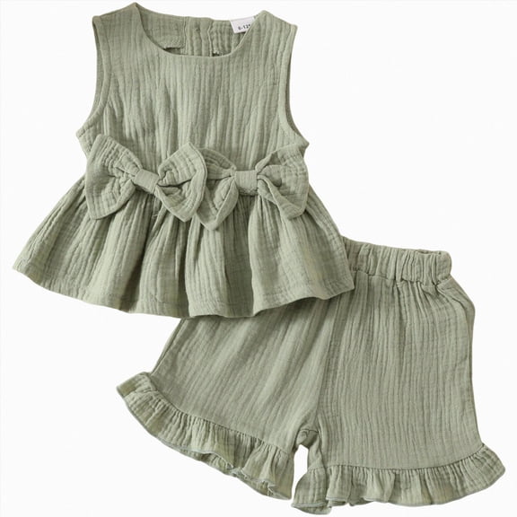 NOLDARES Toddler Baby Girl T Shirt Shorts Set Waffle Bow Sleeveless Slip Ruffle Tops Matching Outfit Spring Summer Clothes(Green,4-5 Y)