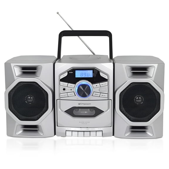 Open Box Emerson Boombox with CD & Cassette Player | Digital AM FM Portable Radio MP3, AUX, Mic Input | Portable Stereo System For Home, Indoor, Outdoor | Loud Big Speakers
