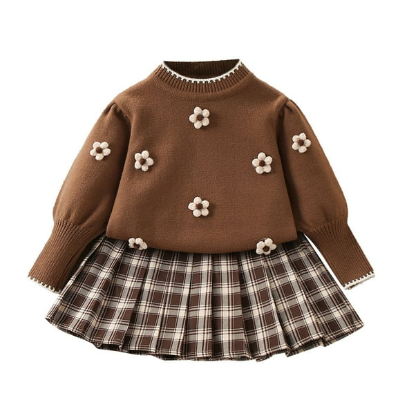 Ugoldhm Girls Fall Outfits 3D Flower Embroidered Sweater Pleated Plaid Mini Skirt Sizes 2-11