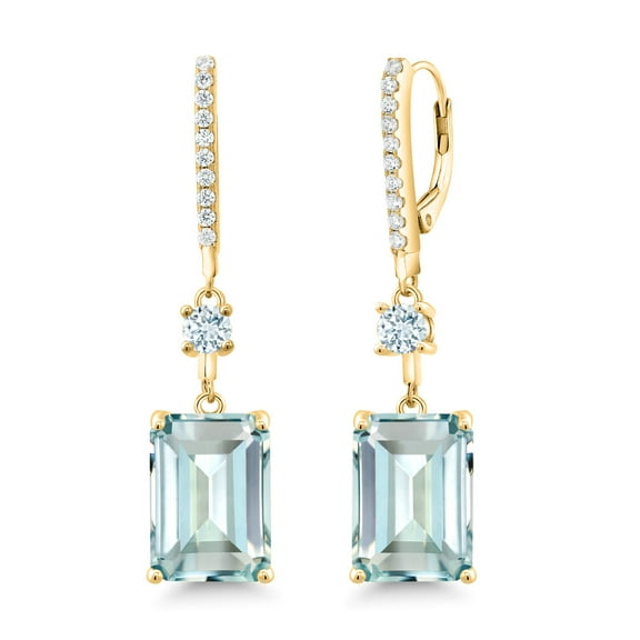 Gem Stone King 18K Yellow Gold Plated Silver Sky Blue Simulated Aquamarine Dangle Earrings for Women | 14.08 Cttw | Emerald Cut 14X10MM | Fine Jewelry Gifts for Her Mom Women Wife