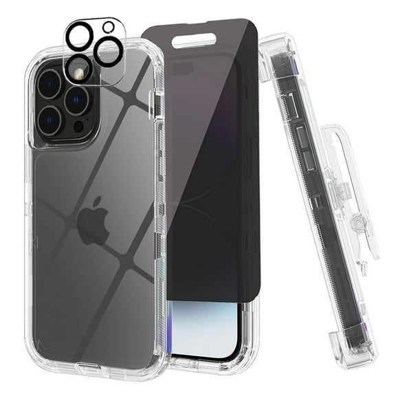 Xhy iPhone 14 Case with Privacy Screen Lens Protector Belt Clip 3 in 1 Full Body Multilayer Drop Anti Scratch Transparent Durable Non-Yellowing Crystal Clear Case for iPhone 14 6.1 inch 2022 Phone
