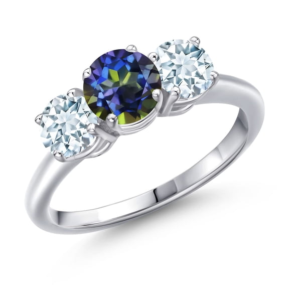 Gem Stone King 925 Sterling Silver Blue Mystic Topaz and Sky Blue Aquamarine Engagement Ring for Women | 2.00 Cttw | Round 6MM | Gemstone November Birthstone | Size 5