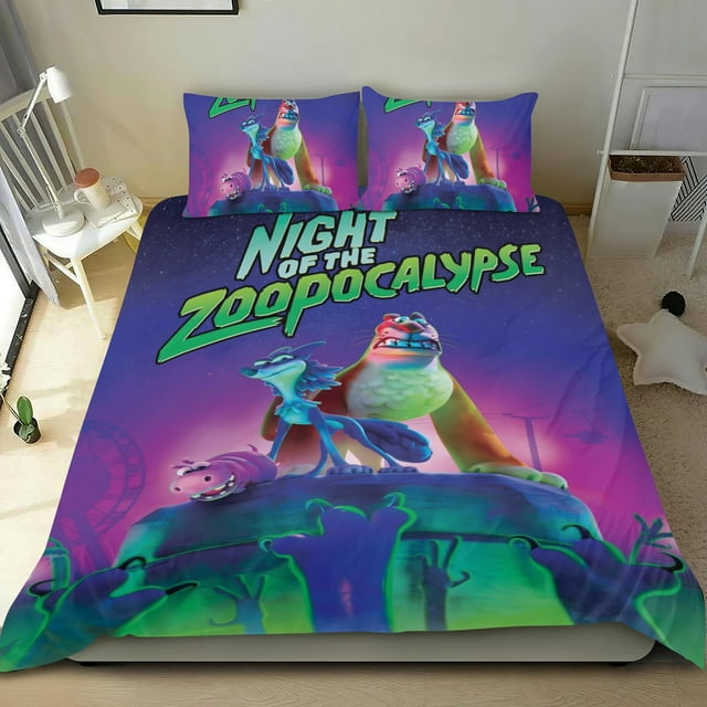 Noche del Zoopocalipsis Conjunto de sábanas temático, trío de piezas, cómodo y amigable con la piel, diseño único, regalo de decoración para el hogar para familiares, amigos y fans, 90 cm * 190 cm