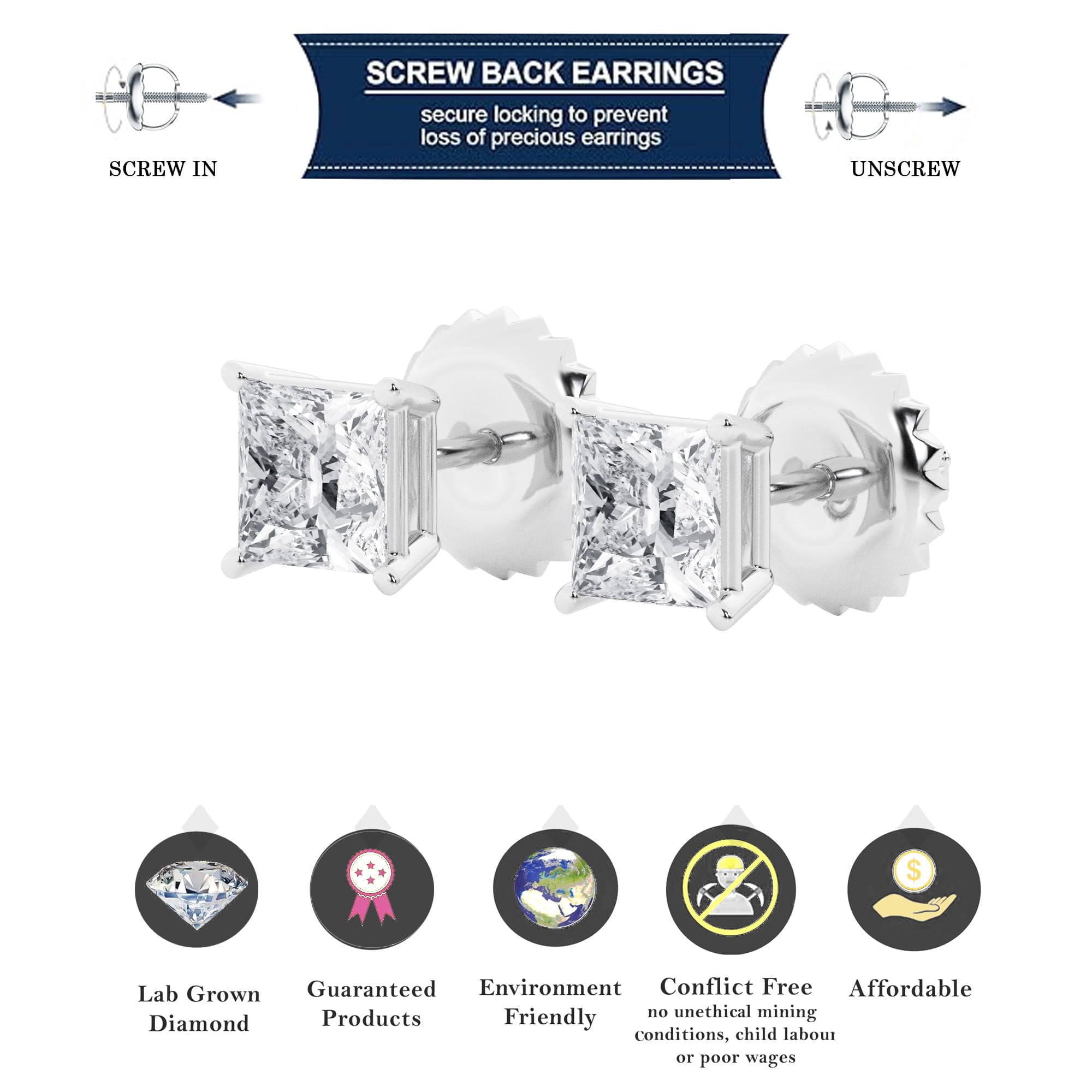 Unique Moments IGI Certified 2 Ctw Princess 14k White Gold Diamond Stud Earrings for Women (E-F,VS2)
