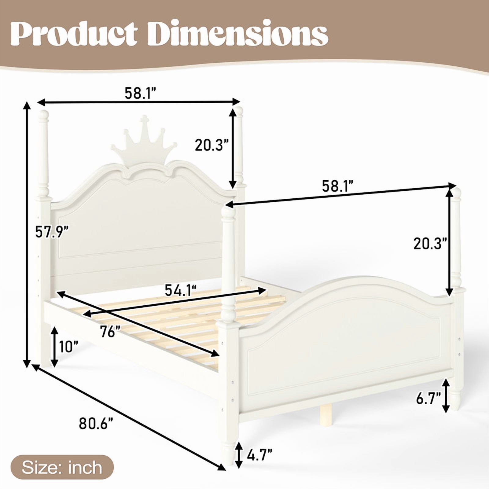 Full Size Kids Low Profile Platform Bed, Curved Footboard Four Poster Bed, Wooden Princess Bed Frame with Crown Shaped Headboard