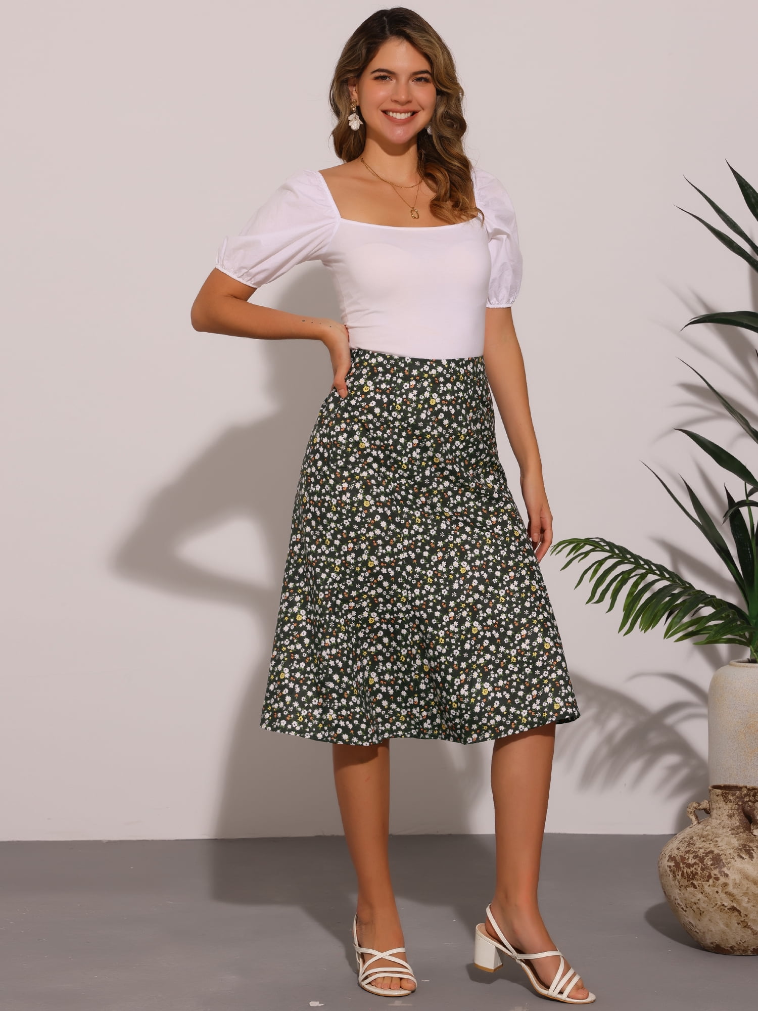 DARING DIVA Women's Elastic Waist A-Line Floral Print Midi Skirt S Black Flower