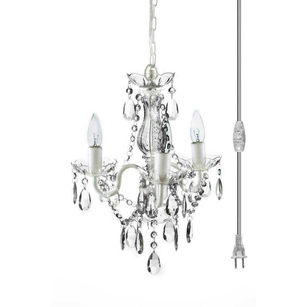 3 Light Crystal White Plugin Hanging Swag Chandelier H17"x W12", White