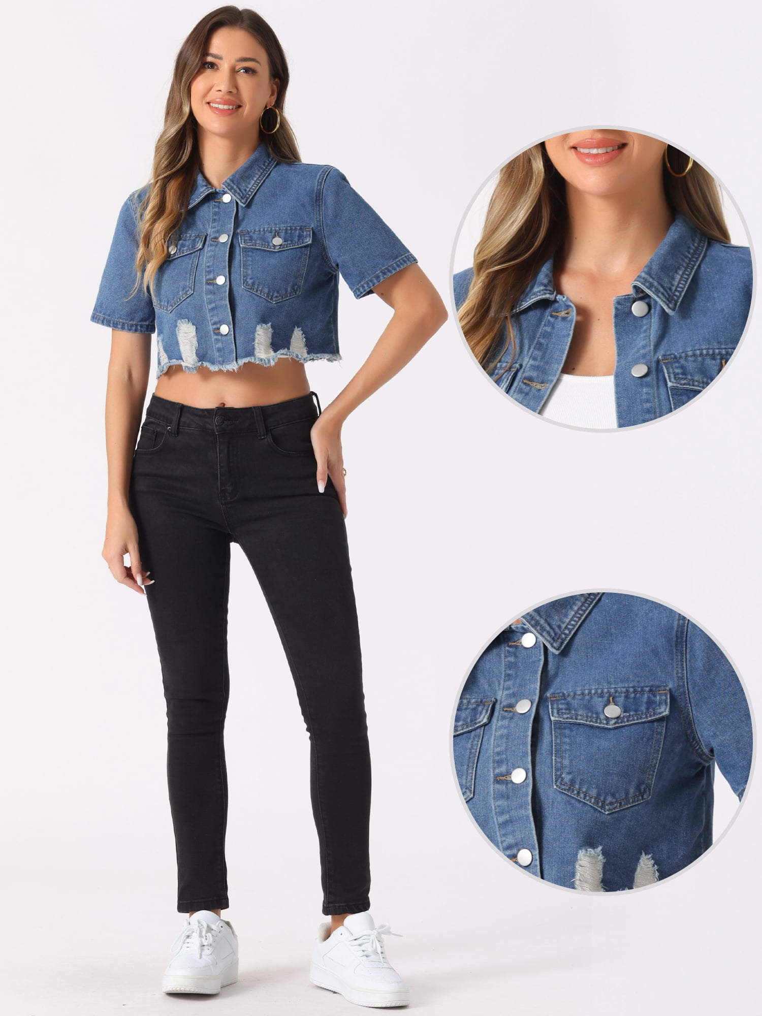 DARING DIVA Women's Collared Frayed Jean Denim Crop Jackets XS Sky Blue