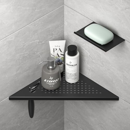 10'' Corner Shower Shelf w/Soap Holder, 304 Stainless Steel Grout in Shelf for Bathroom, Recessed Shelf Rack for Tiled Wall, No Drilling Needed (Black)$$Home Decor, Kitchen, & Other