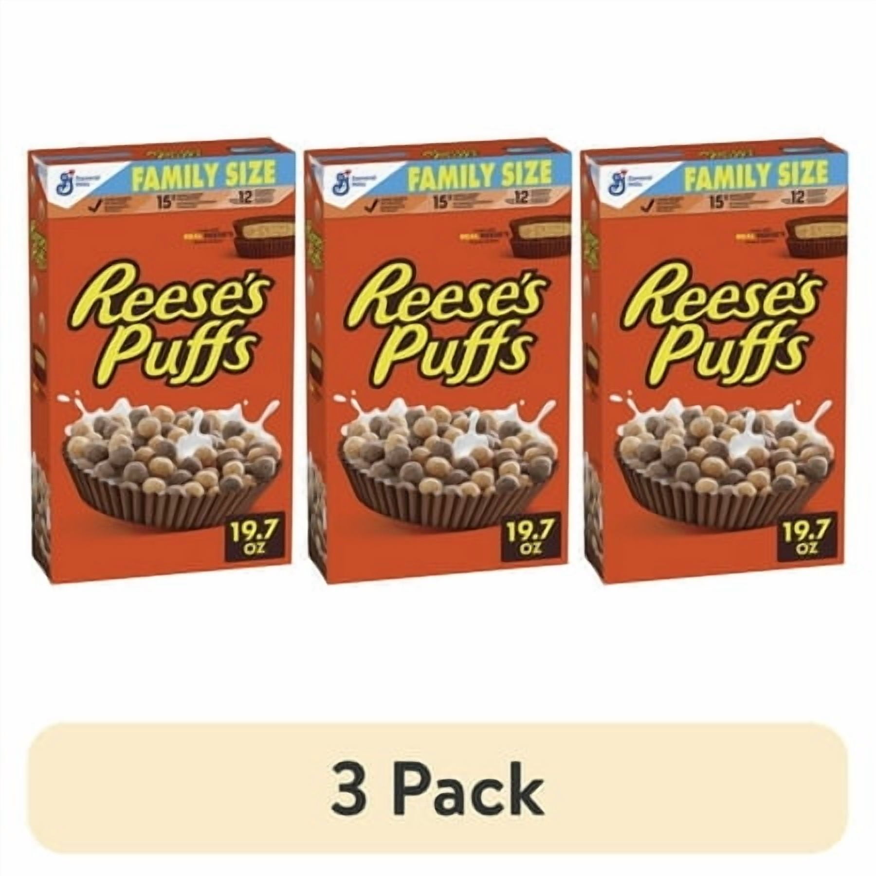 (3 pack) REESE'S PUFFS Breakfast Cereal, Chocolatey Peanut Butter Cereal, Family Size, 19.7 oz