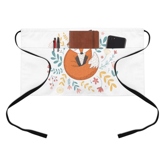 Foxes Animals Kitchen Restaurant Half Waist Apron, Red Pink Flowers Leaf Cartoon Plant Floral Server Short Apron with 3 Pockets Waterproof Oil Waist Aprons for Women Waitress Waiter