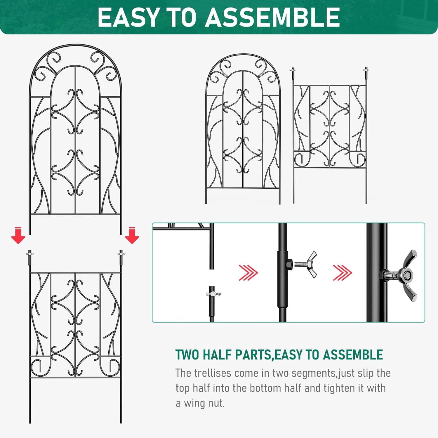 4-Pack 59-Inch Metal Garden Trellis for Climbing Plants, Large Decorative Outdoor Support for Vegetable Flower Rose Vine Cucumber, Black