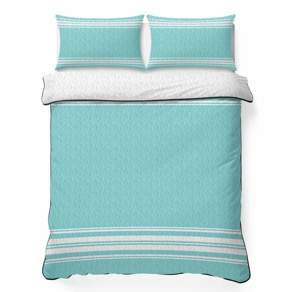Farmhouse Teal 3 Piece Quilt Bedding Set with 2 Pillow Shams, White Stripe Lightweight Bedspread Coverlet, Soft Breathable All Season Quilt, 79 x 90 Inch