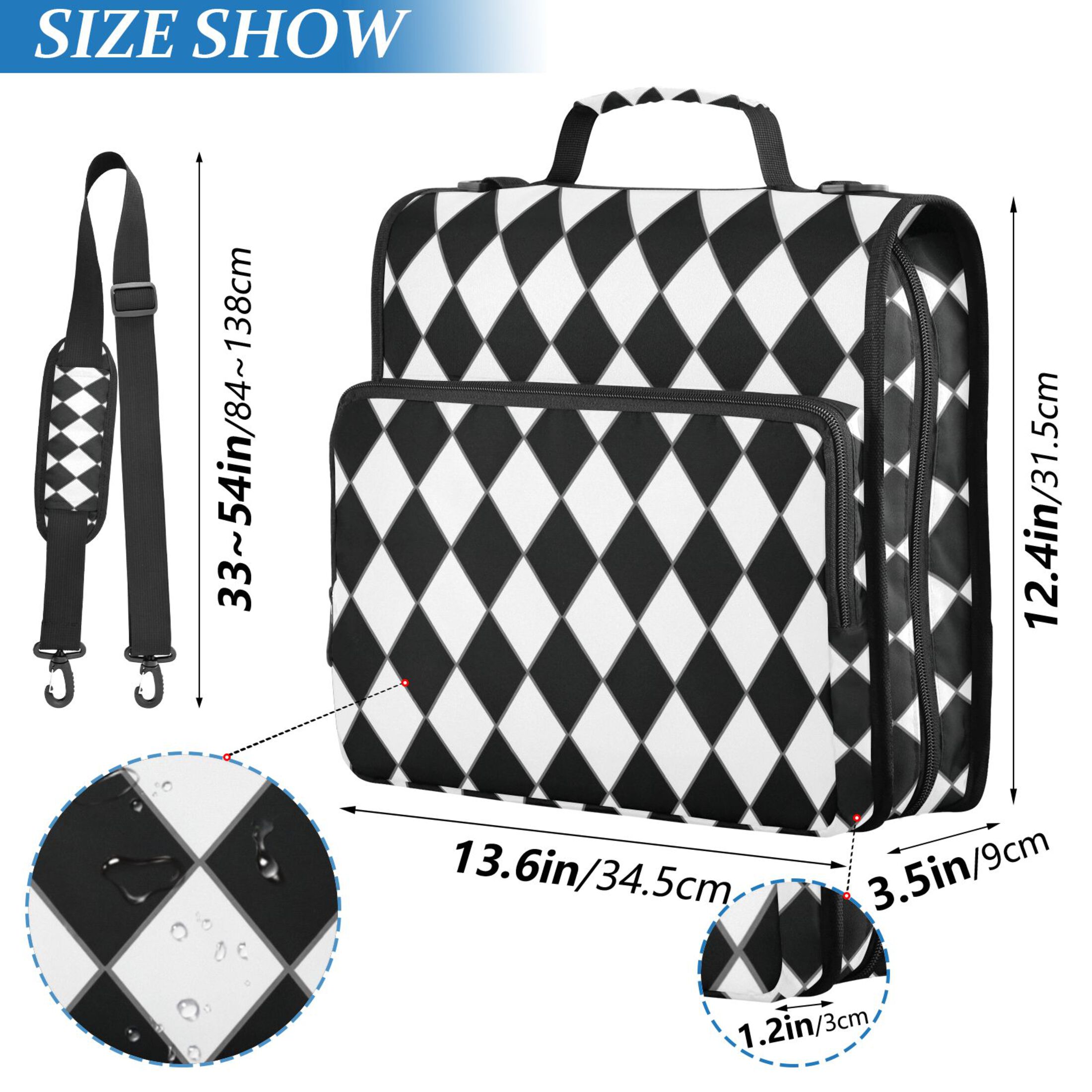 Zipper Binder Diamond Black and White Grid 1.5 Inch Binder Folder Bag with Shoulder Strap and Handle
