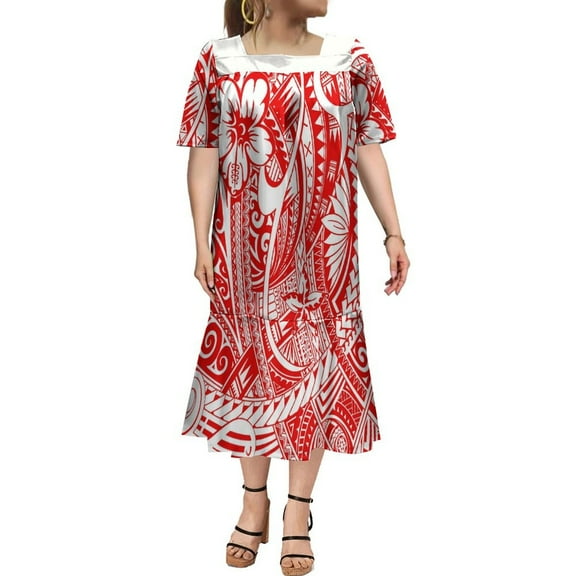 Polynesian Casual Dress Mumu Square Collar Maxi Dress Custom Hawaiian Art Tribe Dress Micronesian Dress