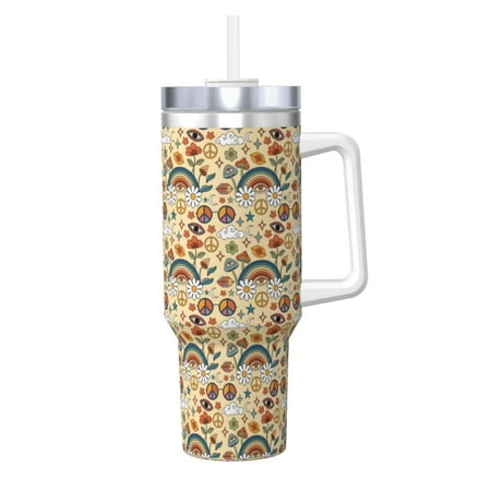 

Logiee 70s Hippie Style Print 40OZ Ice Bully Cup with Handle and Straw Double Wall Stainless Steel Tumbler Travel Coffee Cup with Lid Summer Insulation and Cooling Cup