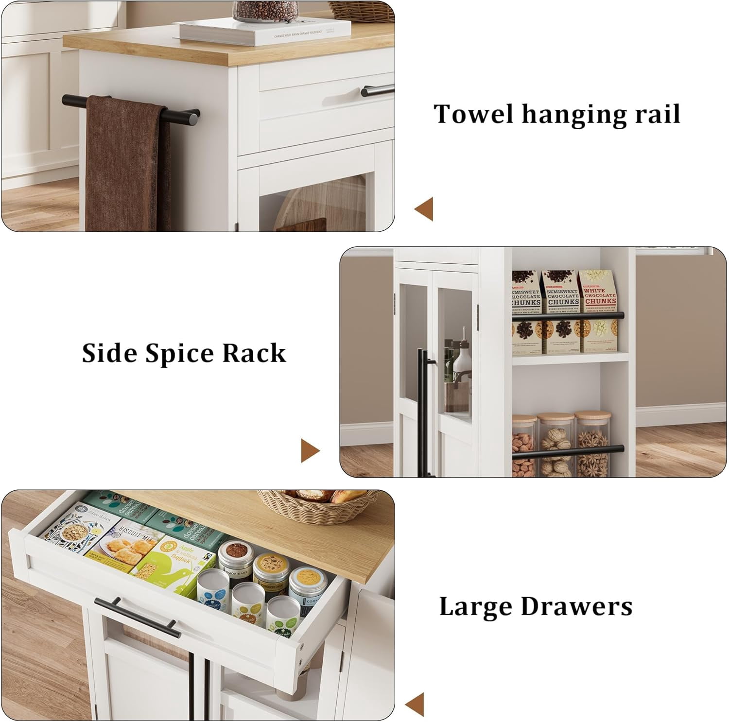 Multi-Functional Kitchen Island Cart with 2 Glass-Door Cabinets, Drawer, Spice Rack, and Towel Bar on Wheels