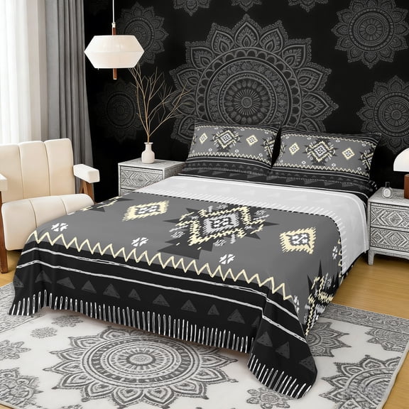 Erosebridal Bohemian Aztec Full Size Sheets, Gray Black Aesthetic Bed Sheets, 4 Pieces 1 Flat Sheet, 1 Fitted Sheet and 2 Pillowcases