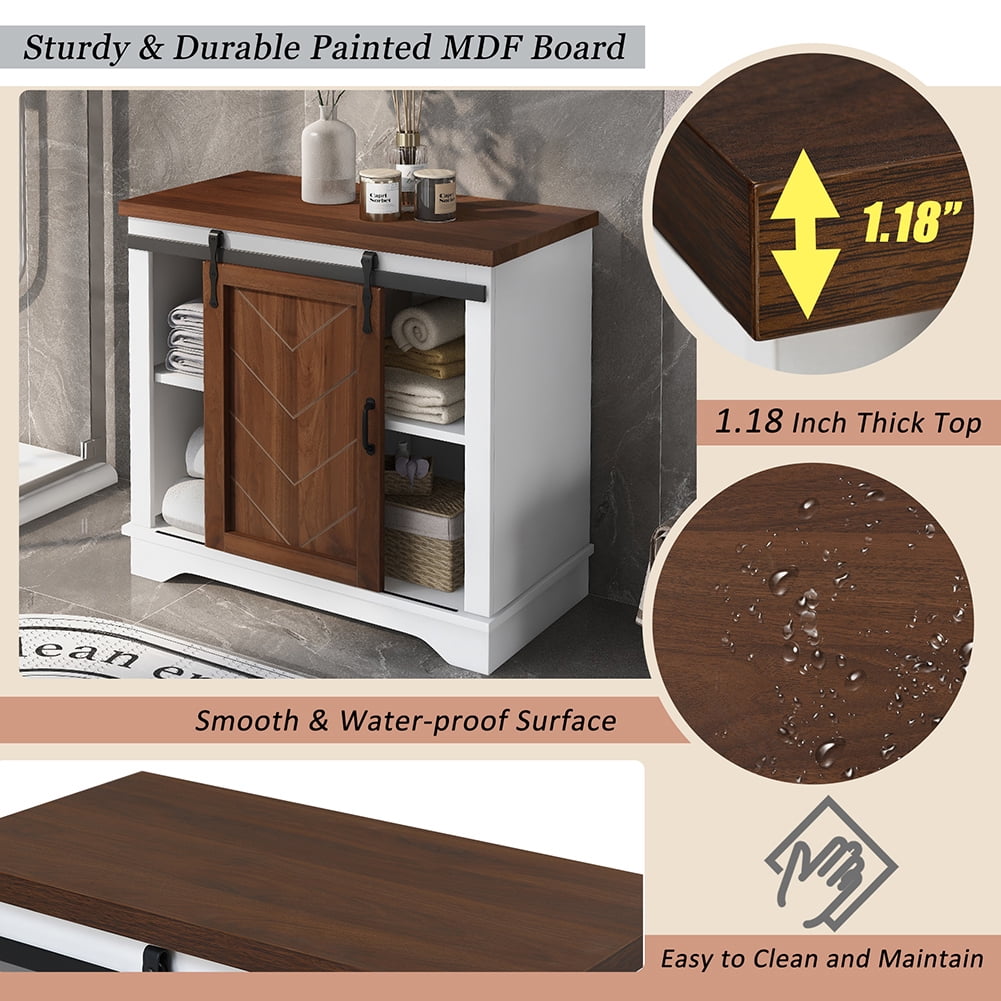 Resenkos Freestanding Bathroom Storage Cabinet,Brown Sliding Barn Door, Thick Top, Adjustable Shelf, White and Brown Resenkos Freestanding Bathroom Storage Cabinet,Brown Sliding Barn Door, Thick Top, Adjustable Shelf, White and Brown