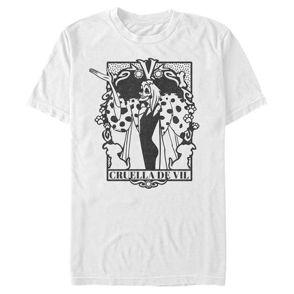 Men's One Hundred and One Dalmatians Cruella De Vil Black and White Card Graphic Tee White Medium
