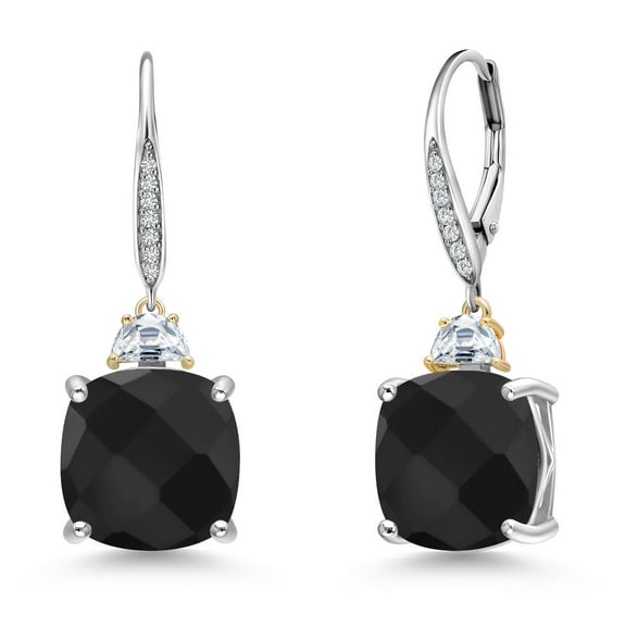 Gem Stone King 925 Silver and 10K Yellow Gold Black Onyx and Moissanite and Lab Grown Diamond Dangle Earrings for Women | 11.46 Cttw | Gemstone December Birthstone | Cushion Checkerboard 12MM