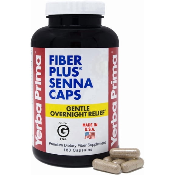 Yerba Prima Fiber Plus Senna Capsules, 180 Count - Gentle Overnight Relief, Non-GMO, Gluten-Free, for Short-Term Use to Restore Regularity