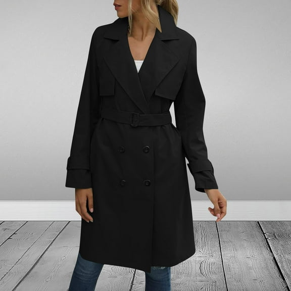 Black and Friday Clothing Sales Idoravan Trench Coats for Women Plus Size Fashion Women Casual Solid Color Coat Long Sleeve Overcoat Tops Winter Outwear Black S