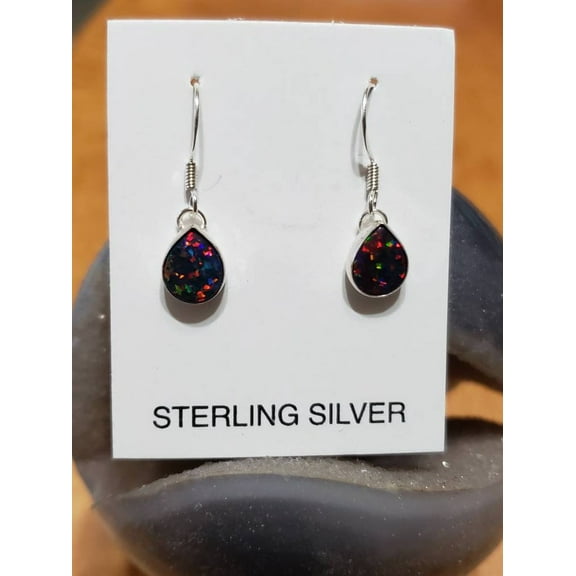 Dainty Teardrop Black Fire Opal Earring/925 Sterling Silver/Opal Studs/Handmade Jewelry