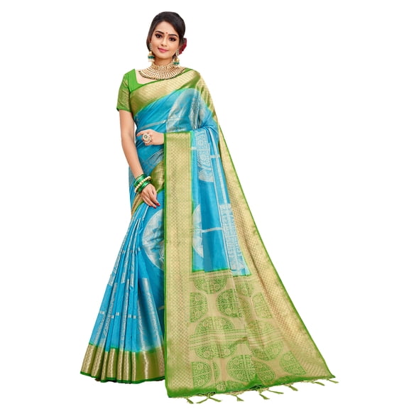 Sarees for Women Banarasi Art Silk l Tradional Indian Wedding Diwali Gift Sari with Unstitched Blouse Turquoise