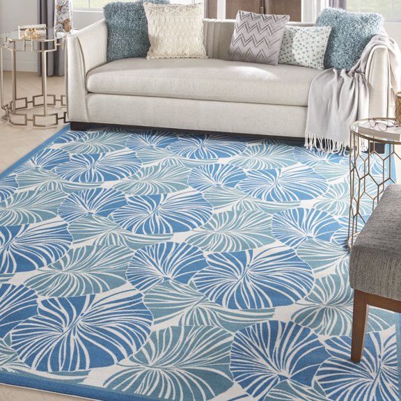Nourison Sun N' Shade Indoor/Outdoor Modern Botanical Blue 7'9" x 10'10" Area Rug, Easy Clean, Eco-Friendly, Bed Room, Living Room, Dining Room, Hallway, ()8' x 11')