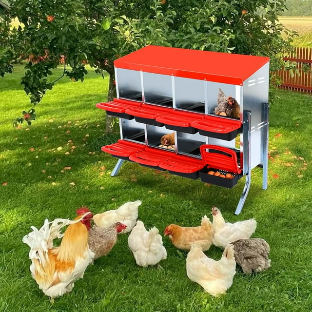 Twister.CK Chickens Nesting Boxes with Bracket Legs, 8 Compartment Roll Away Hens Nesting Box with Egg Collection, Perch, Lid Cover for Egg Protection, Red