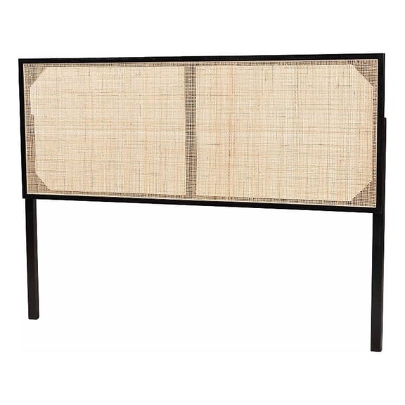 bali & pari Aurelia Black Bayur Wood and Natural Rattan Queen Size Headboard