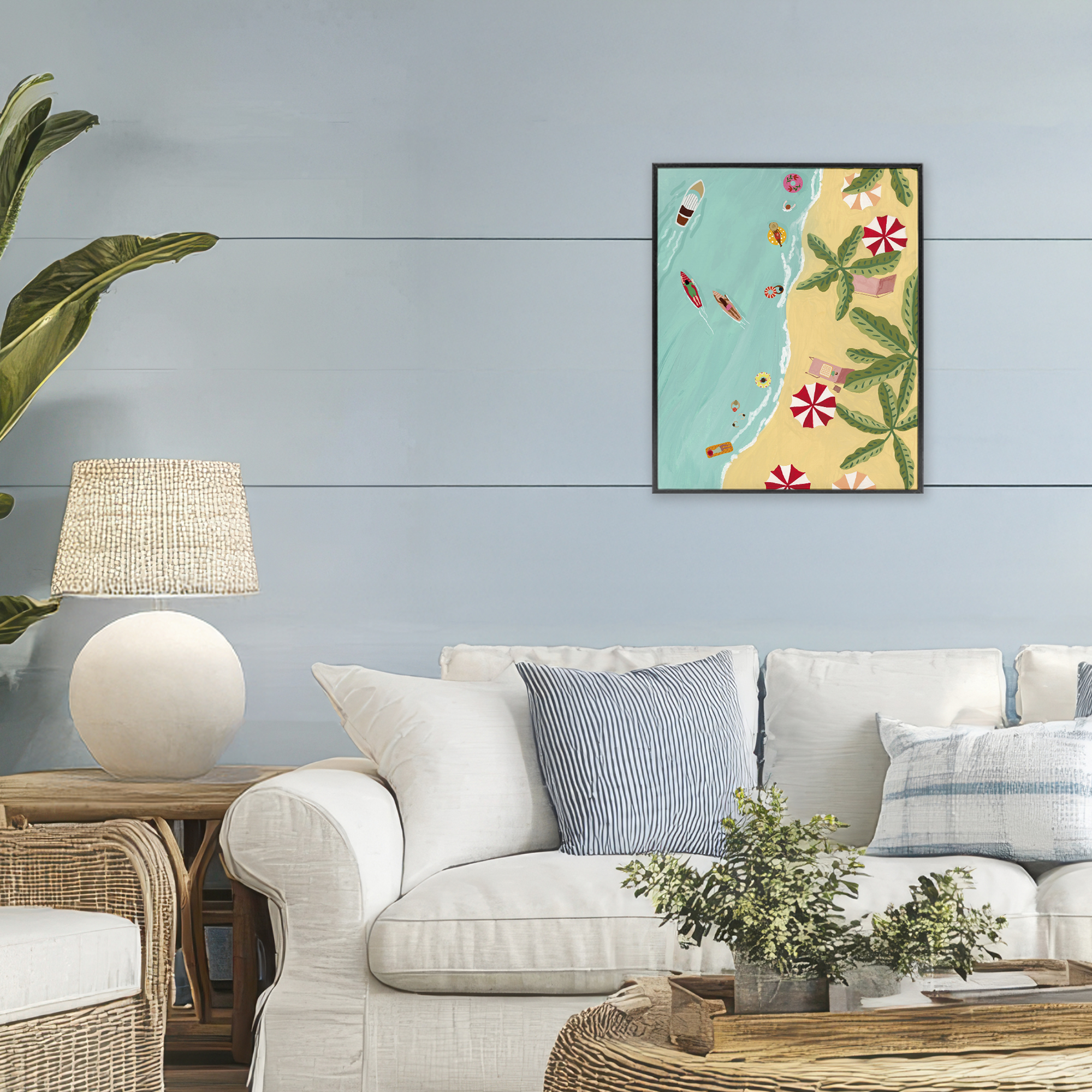 Busy Beach Day Hangout Black Framed Giclee Art, design by Nabeela Rumi