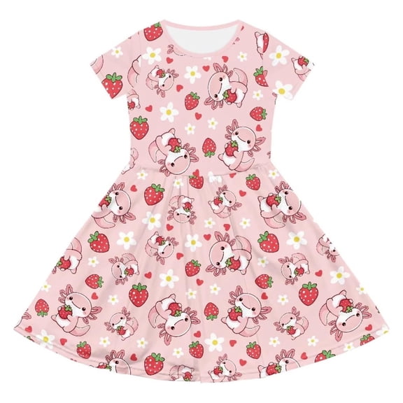 Ruiwill Dress For Girls Size 9-10 Years Summer Short Sleeve Strawberry Print Crew Neck Outdoor Casual Fashion Girl Dresses Pink