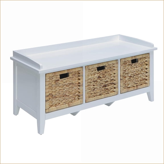 Storage Bench, Farmhouse 3 Rattan Baskets for Entryway/Windowsill, Off-White & Tan Brown | Beige | Wood