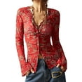 thumbnail image 3 of Women'S Long Sleeve Shirts Boho Floral Print Blouses Button Down V Neck Fitted Tops Red XL, 3 of 8