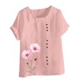 thumbnail image 4 of Lydiaunistar Hauts d'Été pour Femmes Blouse en Lin Décontractée Col Rond Polyester Mode Grande Taille Manches Courtes T-shirt à Boutons, 4 of 4