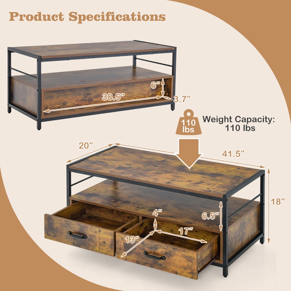 Finihen Rectangular Coffee Table, Coffee Table with 2 Drawers and Open Shelf, for Living Room, Reception Room, Office, Rustic Brown Finihen Rectangular Coffee Table, Coffee Table with 2 Drawers and Open Shelf, for Living Room, Reception Room, Office, Rustic Brown